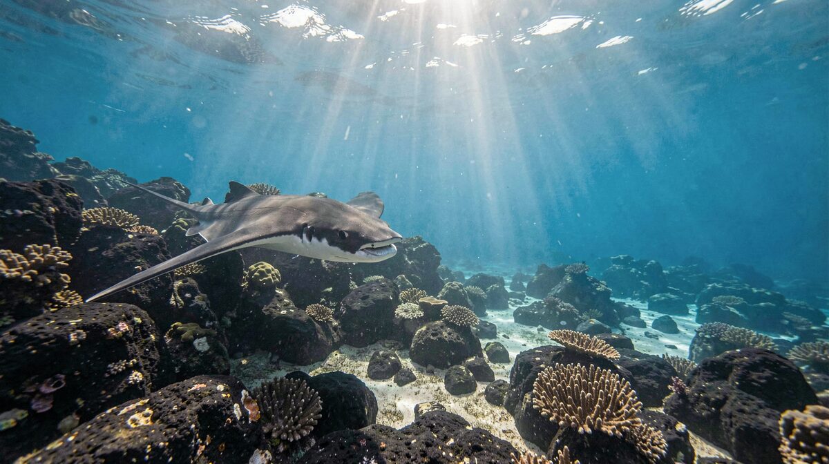 A manta ray gliding over a shallow lava reef off the Kona coast at first light, clean blue water above black rock and coral heads, a column of sunlight falling through the frame, wide underwater view with open water to the right